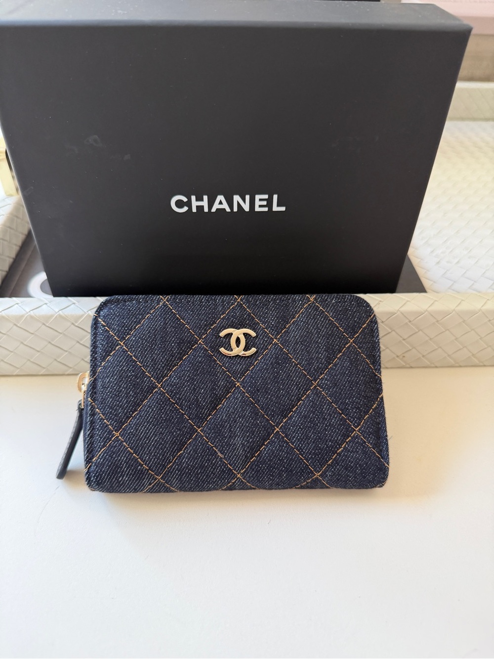 Chanel 26P Classic Zipped Zip Coin Purse Denim Dark Blue Orange mJean Wallet NWT - Picture 8 of 17